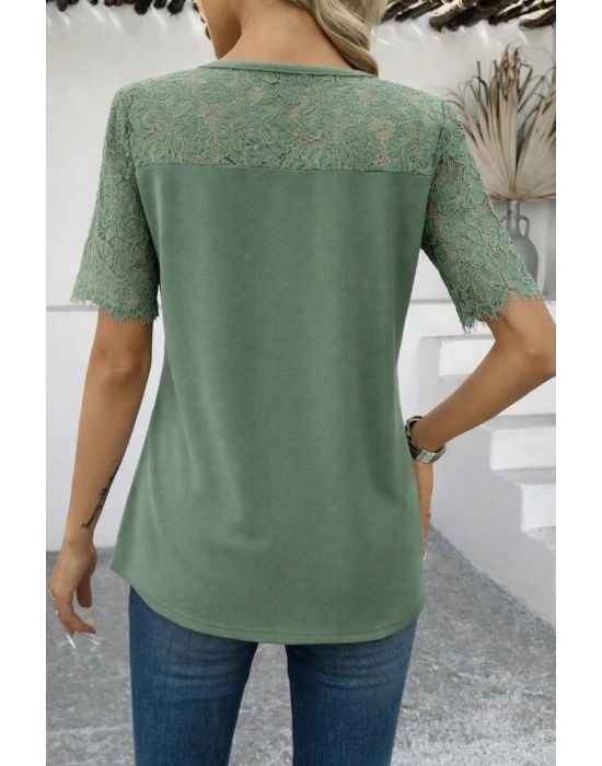 Kadın Kısa Kollu Dantel Detaylı Yandan Düğmeli Waffle Bluz