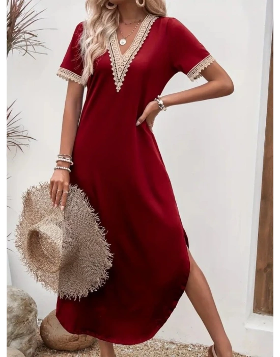 Kadın Kısa Kollu Dantel V Yakalı Uzun Viskon Elbise
