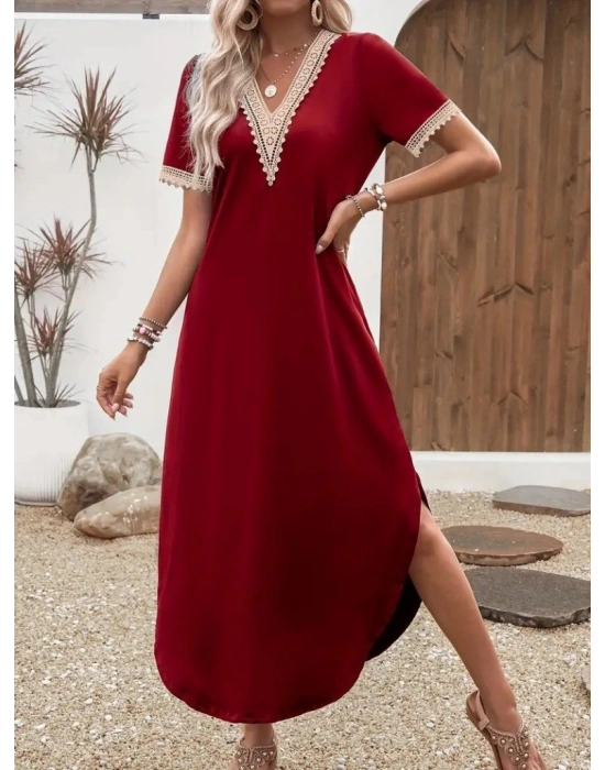 Kadın Kısa Kollu Dantel V Yakalı Uzun Viskon Elbise