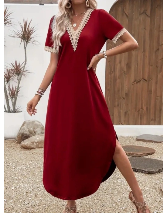 Kadın Kısa Kollu Dantel V Yakalı Uzun Viskon Elbise