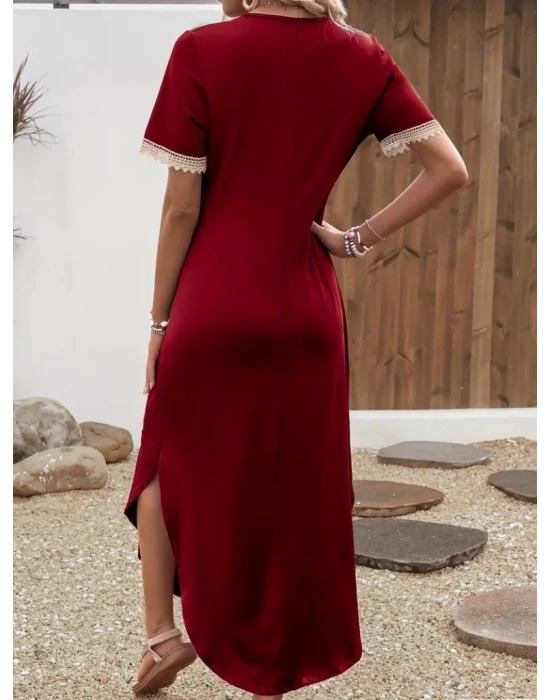 Kadın Kısa Kollu Dantel V Yakalı Uzun Viskon Elbise