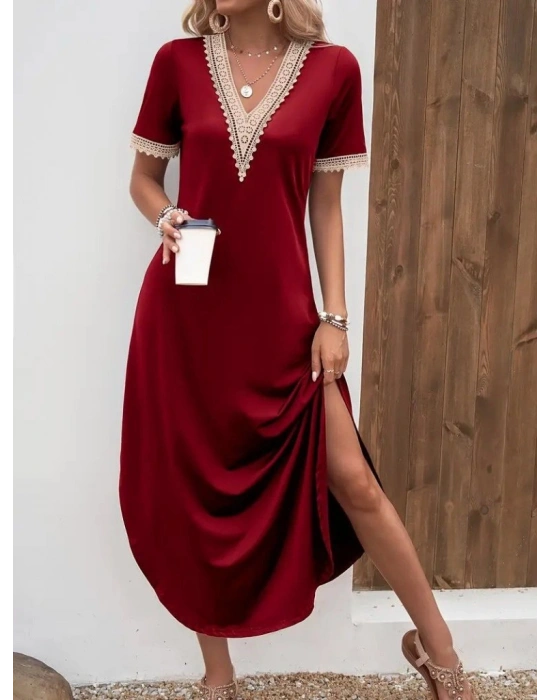 Kadın Kısa Kollu Dantel V Yakalı Uzun Viskon Elbise