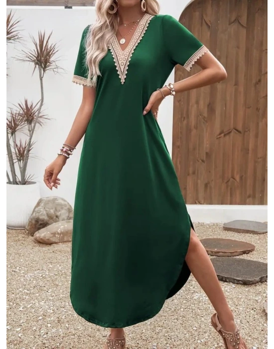 Kadın Kısa Kollu Dantel V Yakalı Uzun Viskon Elbise