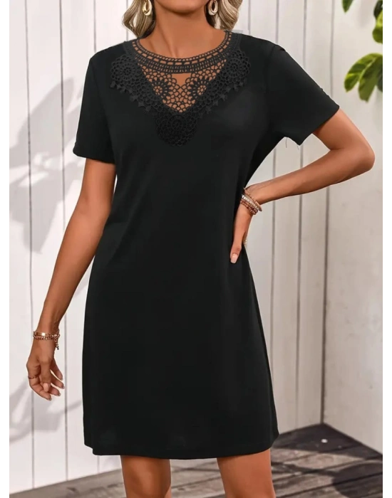 Kadın Kısa Kollu Dantel Yakalı Kısa Viskon Elbise