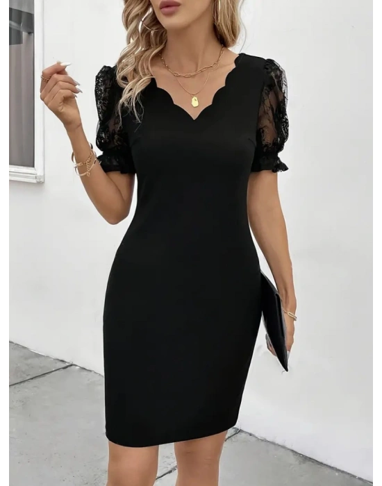 Kadın Kısa Kollu Dantelli V Yakalı Yanlardan Büzgülü çapraz Detaylı Ithal Krep Elbise