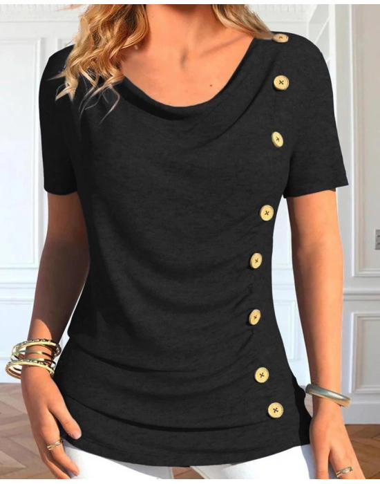 Kadın Kısa Kollu Degaje Yaka Düğme Detay Viskon Bluz