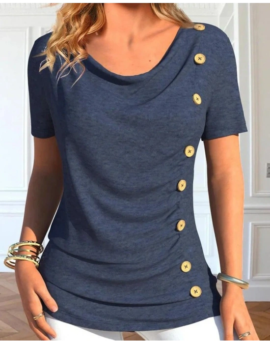 Kadın Kısa Kollu Degaje Yaka Düğme Detay Viskon Bluz