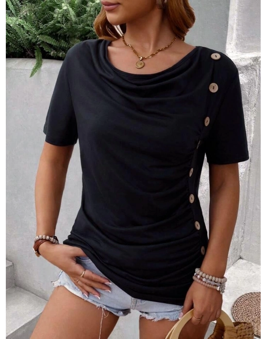 Kadın Kısa Kollu Degaje Yaka Düğme Detay Viskon Bluz