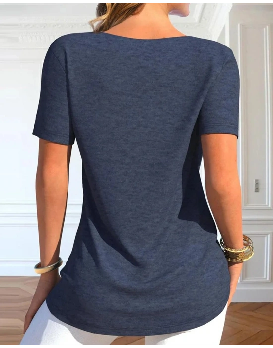 Kadın Kısa Kollu Degaje Yaka Düğme Detay Viskon Bluz