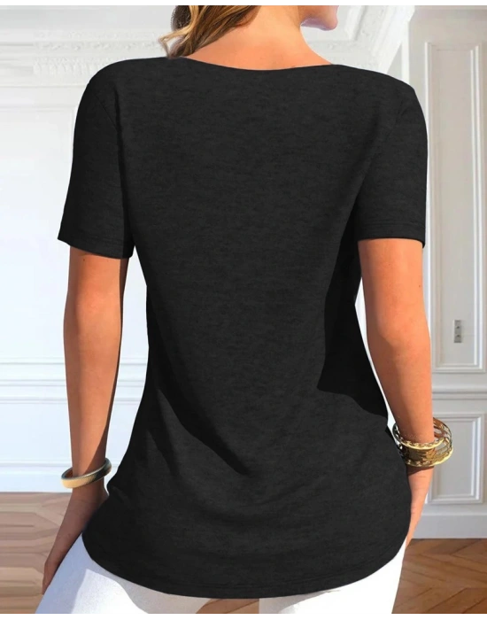 Kadın Kısa Kollu Degaje Yaka Düğme Detay Viskon Bluz