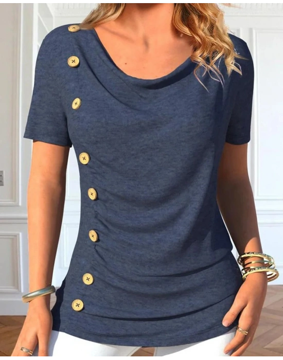 Kadın Kısa Kollu Degaje Yaka Düğme Detay Viskon Bluz