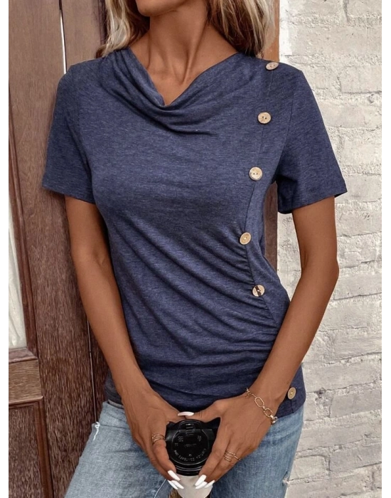 Kadın Kısa Kollu Degaje Yaka Düğme Detay Viskon Bluz