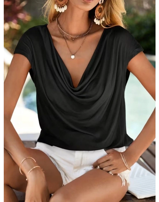 Kadın Kısa Kollu Degaje Yakalı Viskon Bluz