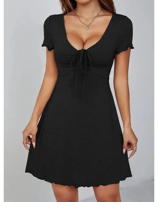 Kadın Kısa Kollu Derin Büzgülü V Yakalı Viskon Elbise