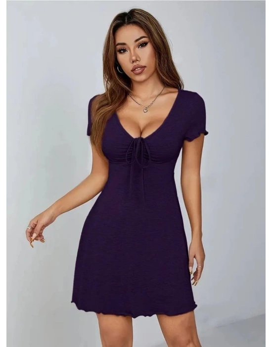 Kadın Kısa Kollu Derin Büzgülü V Yakalı Viskon Elbise