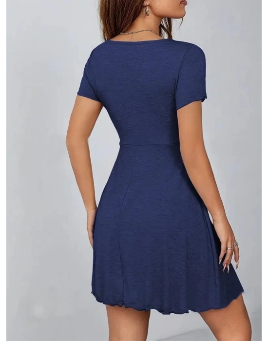 Kadın Kısa Kollu Derin Büzgülü V Yakalı Viskon Elbise