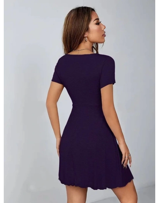 Kadın Kısa Kollu Derin Büzgülü V Yakalı Viskon Elbise