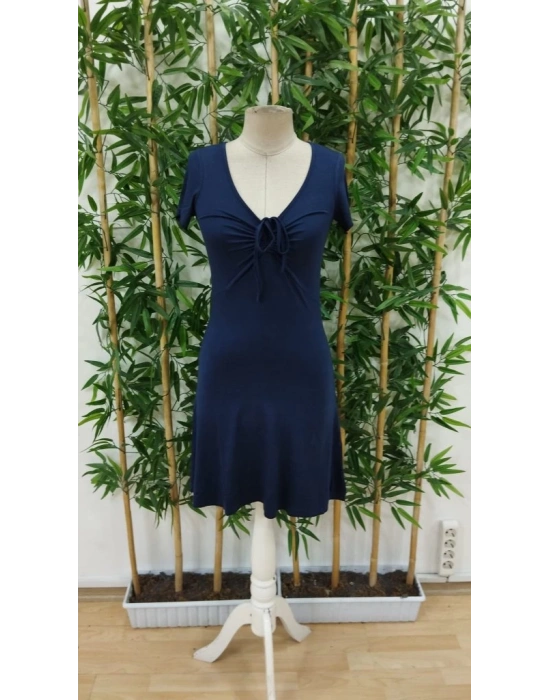 Kadın Kısa Kollu Derin Büzgülü V Yakalı Viskon Elbise