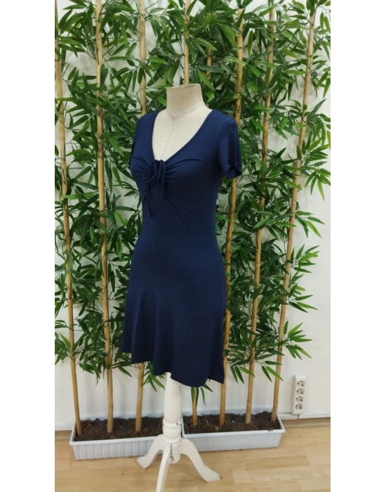 Kadın Kısa Kollu Derin Büzgülü V Yakalı Viskon Elbise