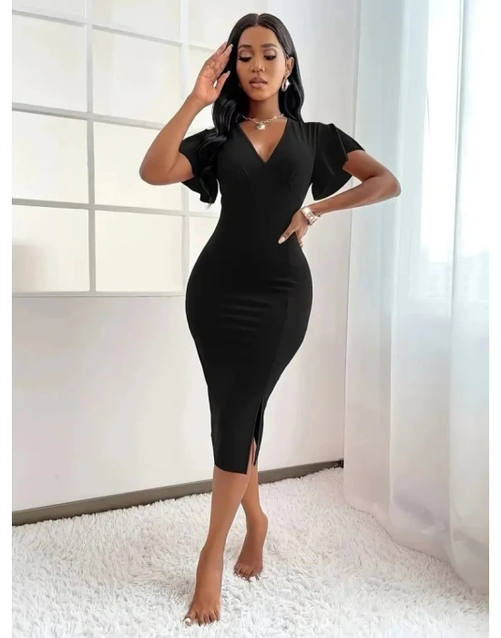 Kadın Kısa Kollu Derin Dekolte V Yakalı Yırtmaçlı Midi Janjan Krep Elbise