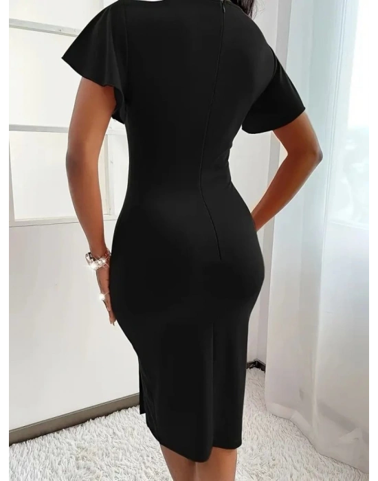 Kadın Kısa Kollu Derin Dekolte V Yakalı Yırtmaçlı Midi Janjan Krep Elbise