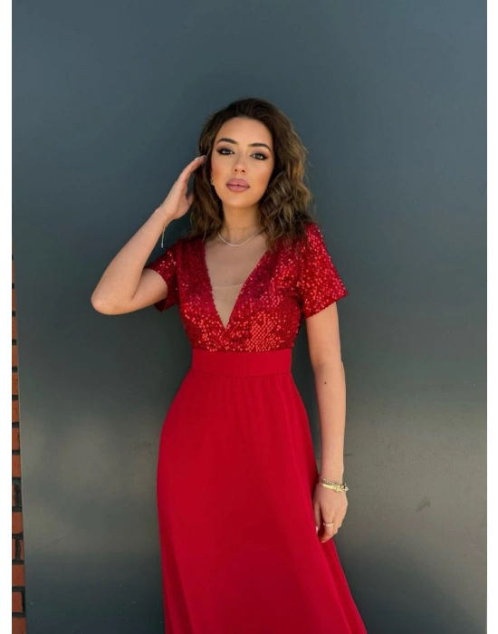 Kadın Kısa Kollu Derin V Yakalı A Kesim Pulpayet Detaylı şifon Nedime Elbisesi