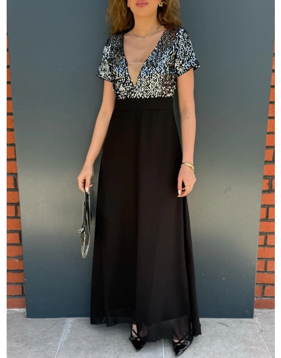 Kadın Kısa Kollu Derin V Yakalı A Kesim Pulpayet Detaylı şifon Nedime Elbisesi