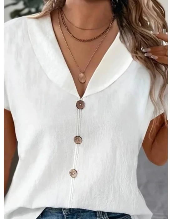 Kadın Kısa Kollu Derin V Yakalı Düğmeli Ithal Keten Bluz
