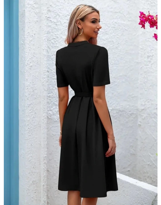 Kadın Kısa Kollu Düğmeli Ve Kemerli Atlas Elbise