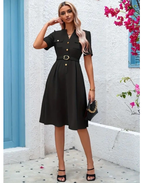 Kadın Kısa Kollu Düğmeli Ve Kemerli Atlas Elbise