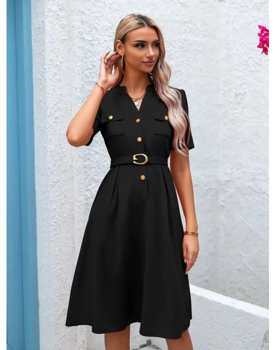Kadın Kısa Kollu Düğmeli Ve Kemerli Atlas Elbise