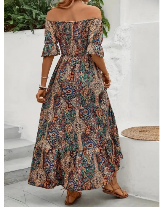 Kadın Kısa Kollu Düşük Omuzlu Beli Büzgülü Dijital Desenli Kesik Elyaf Süprem Uzun Elbise