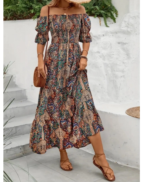 Kadın Kısa Kollu Düşük Omuzlu Beli Büzgülü Dijital Desenli Kesik Elyaf Süprem Uzun Elbise