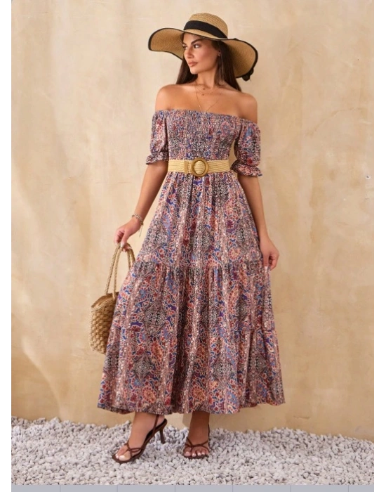 Kadın Kısa Kollu Düşük Omuzlu Beli Büzgülü Dijital Desenli Kesik Elyaf Süprem Uzun Elbise