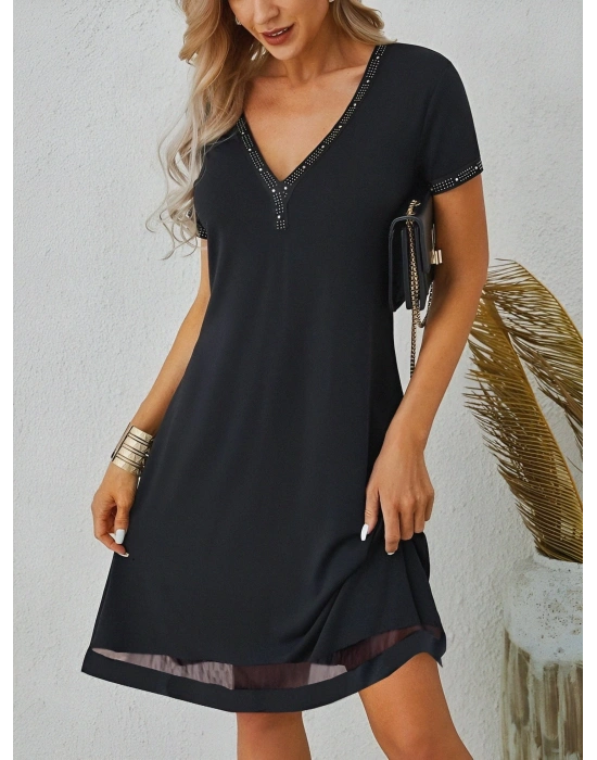 Kadın Kısa Kollu Eteği Tül şeritli Taş Işlemeli V Yaka Viskon Elbise