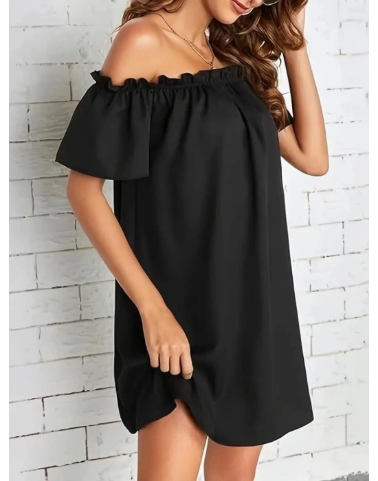 Kadın Kısa Kollu Fırfır Detay Madonna Yaka Mini Ithal Krep Elbise