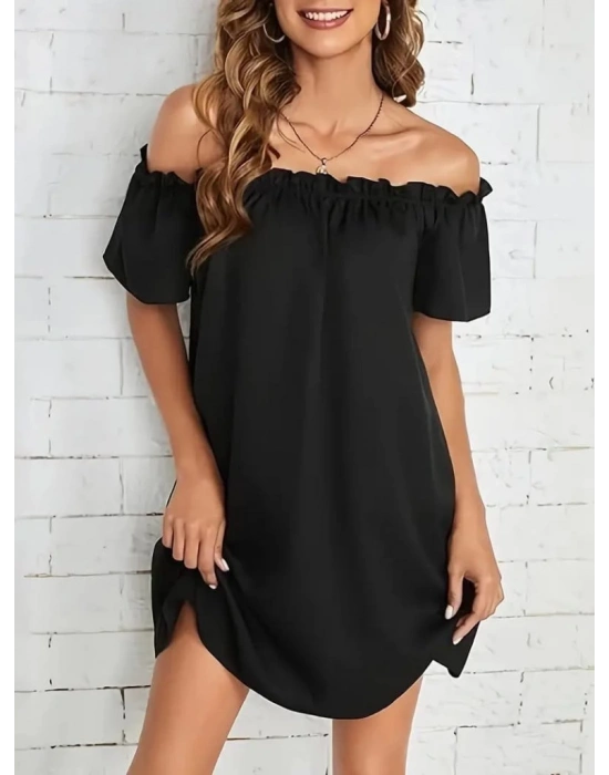 Kadın Kısa Kollu Fırfır Detay Madonna Yaka Mini Ithal Krep Elbise