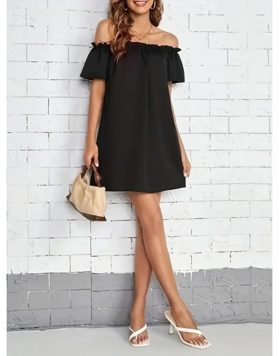 Kadın Kısa Kollu Fırfır Detay Madonna Yaka Mini Ithal Krep Elbise