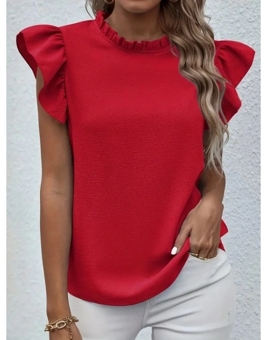 Kadın Kısa Kollu Fırfır Yakalı Bürümcük Bluz