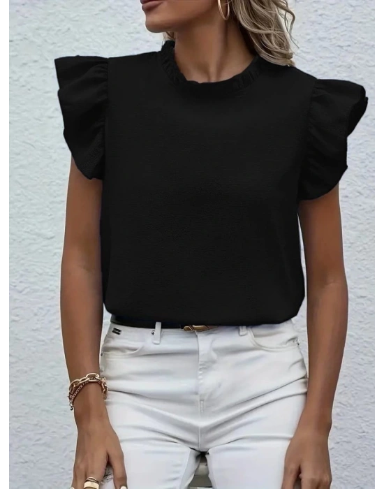 Kadın Kısa Kollu Fırfır Yakalı Bürümcük Bluz