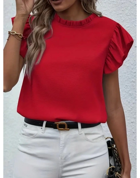 Kadın Kısa Kollu Fırfır Yakalı Bürümcük Bluz