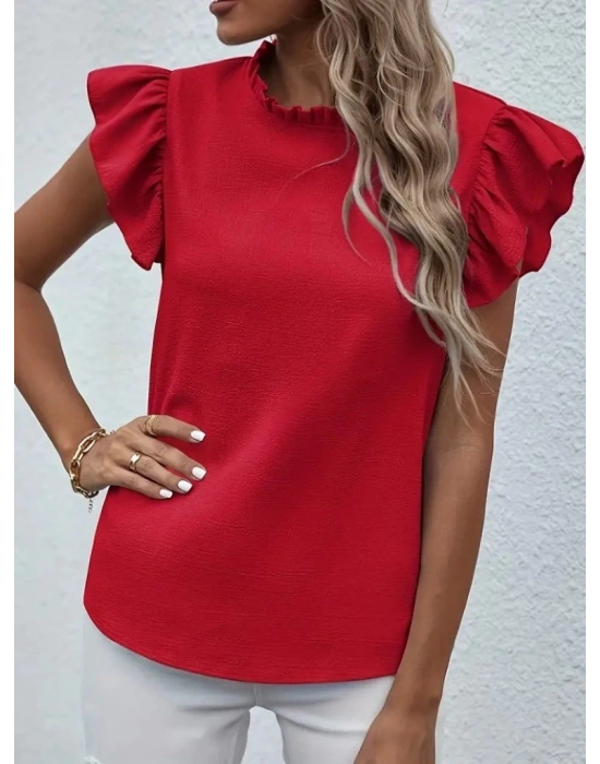 Kadın Kısa Kollu Fırfır Yakalı Bürümcük Bluz