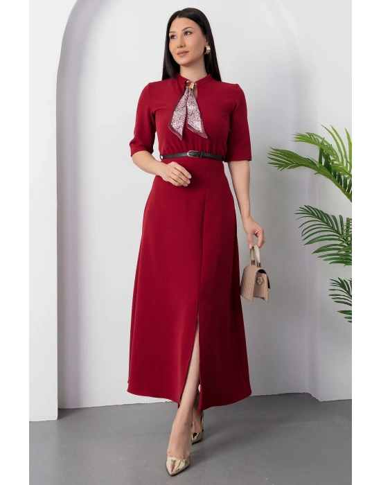 Kadın Kısa Kollu Fular Ve Kemer Detay önden Yırtmaçlı axi Boy Elbise