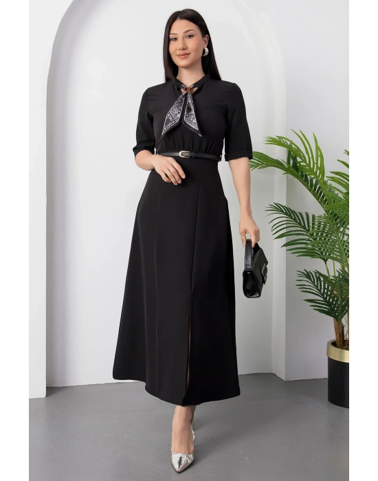 Kadın Kısa Kollu Fular Ve Kemer Detay önden Yırtmaçlı axi Boy Elbise