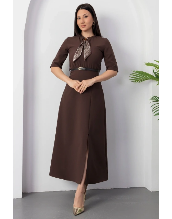 Kadın Kısa Kollu Fular Ve Kemer Detay önden Yırtmaçlı axi Boy Elbise
