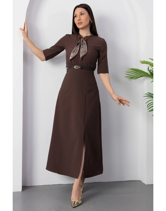 Kadın Kısa Kollu Fular Ve Kemer Detay önden Yırtmaçlı axi Boy Elbise