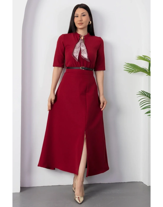 Kadın Kısa Kollu Fular Ve Kemer Detay önden Yırtmaçlı axi Boy Elbise