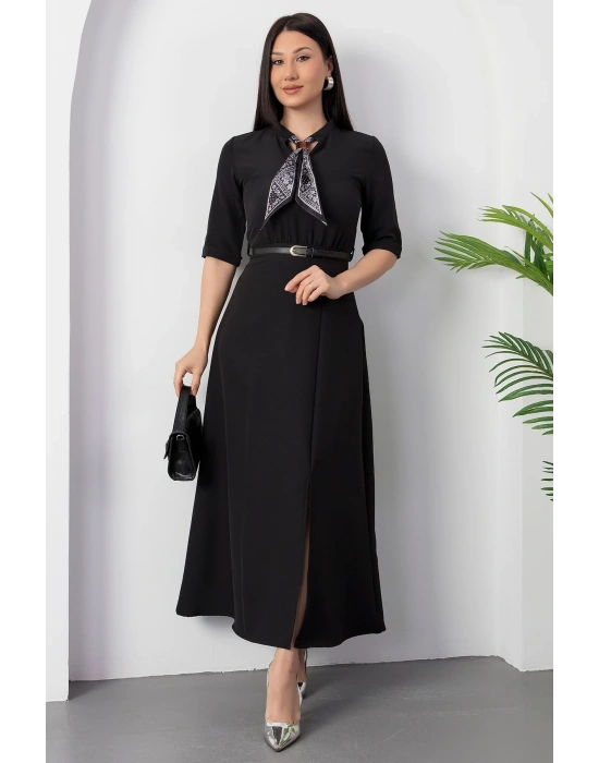 Kadın Kısa Kollu Fular Ve Kemer Detay önden Yırtmaçlı axi Boy Elbise