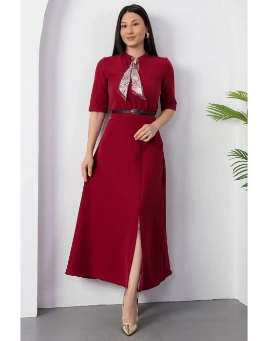 Kadın Kısa Kollu Fular Ve Kemer Detay önden Yırtmaçlı axi Boy Elbise