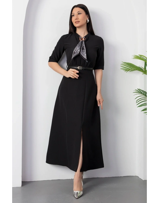 Kadın Kısa Kollu Fular Ve Kemer Detay önden Yırtmaçlı axi Boy Elbise